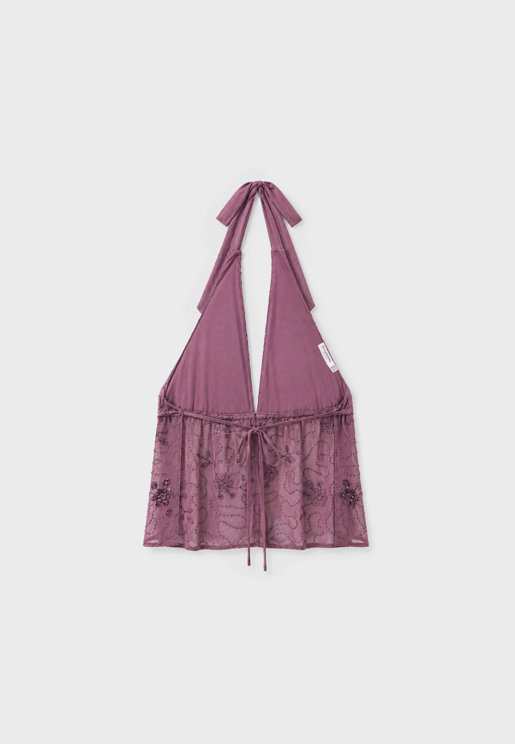 Embroidered halter top with rhinestones — Purple