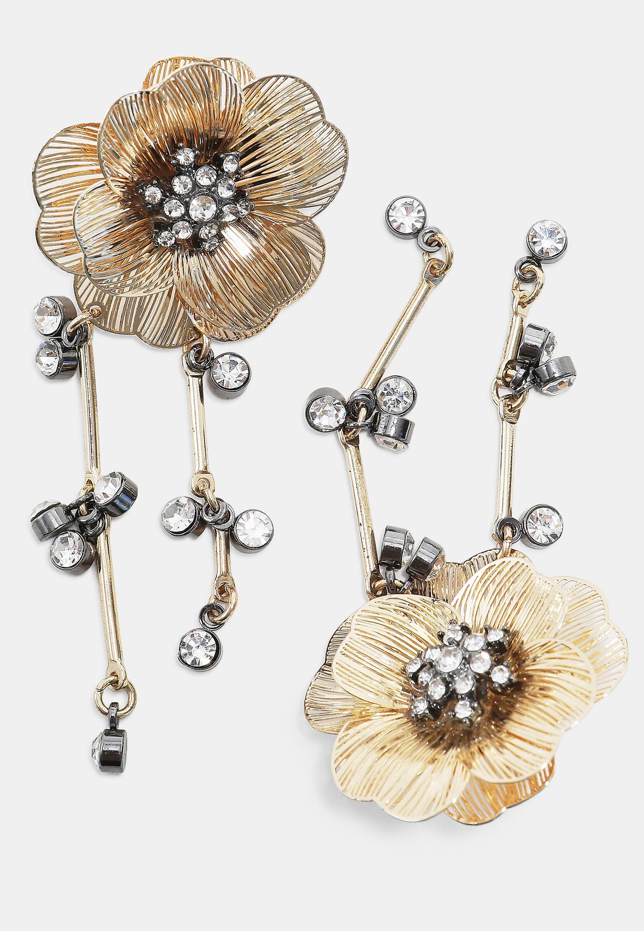 Long rhinestone flower earrings — Gold