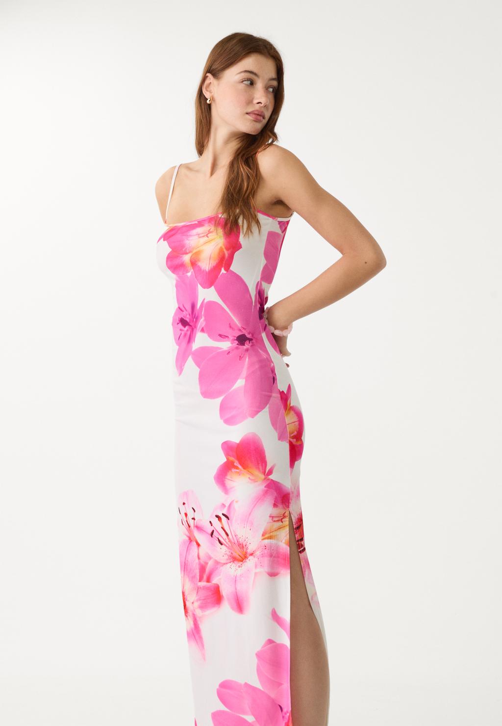 Abito Lungo Maxi Da Donna Con Fiori E Foglie, Bretelle In Ecopelle, Elastico – Nuovo Con Etichette AS-5910
