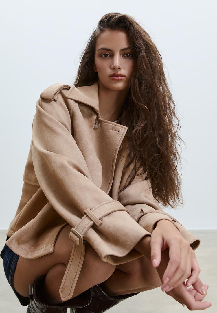 short faux suede trench coat