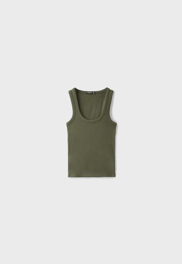 Cotton ribbed racerback T-shirt — Khaki 7