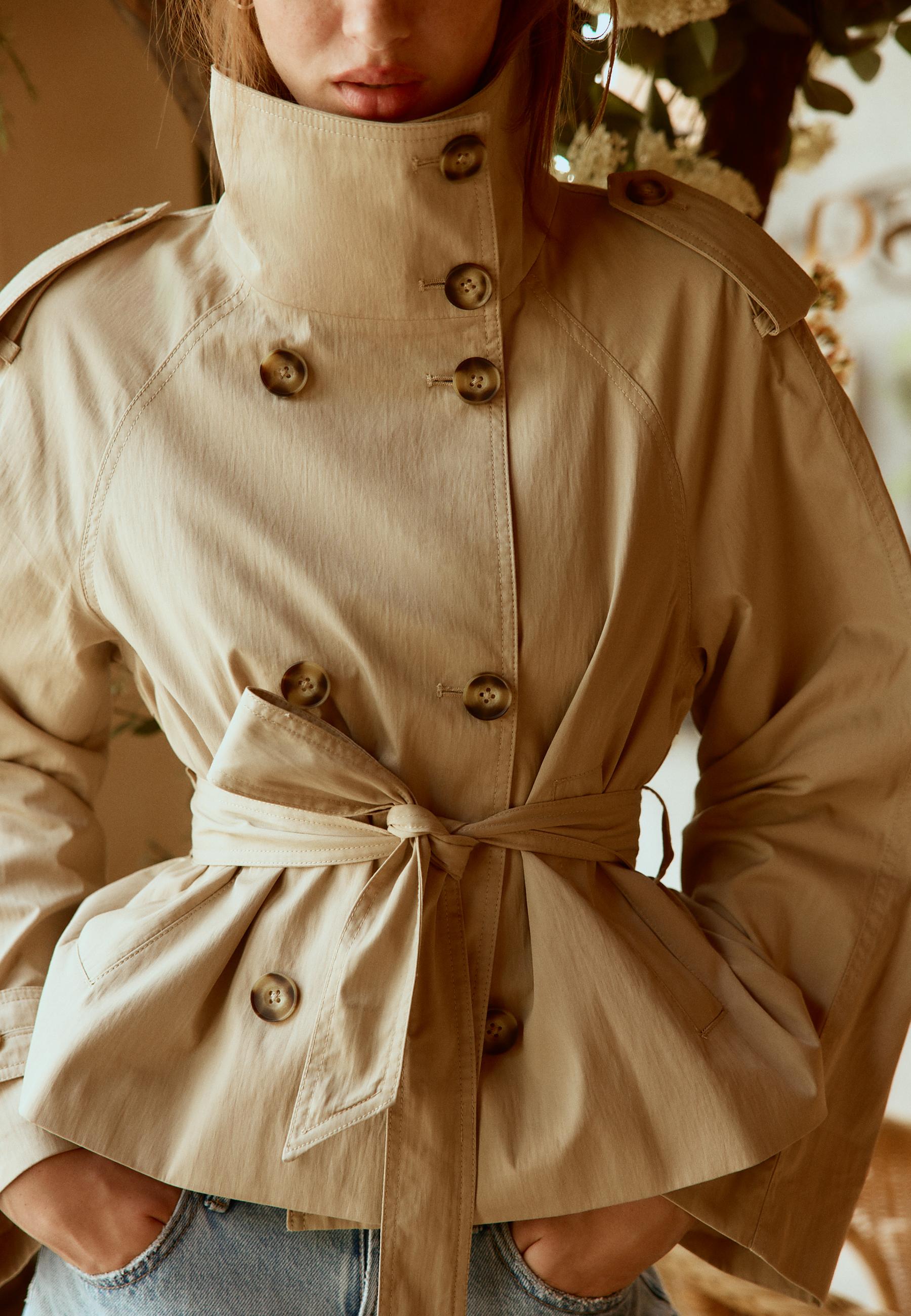 High-neck trench coat with belt — Beige