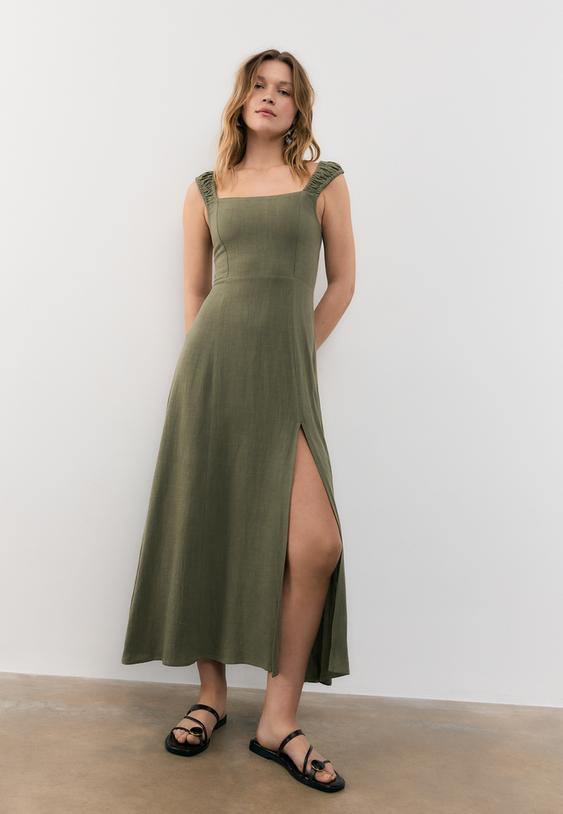 Stradivarius Linen-Look Cross-Back Midi Dress Khaki Xs
