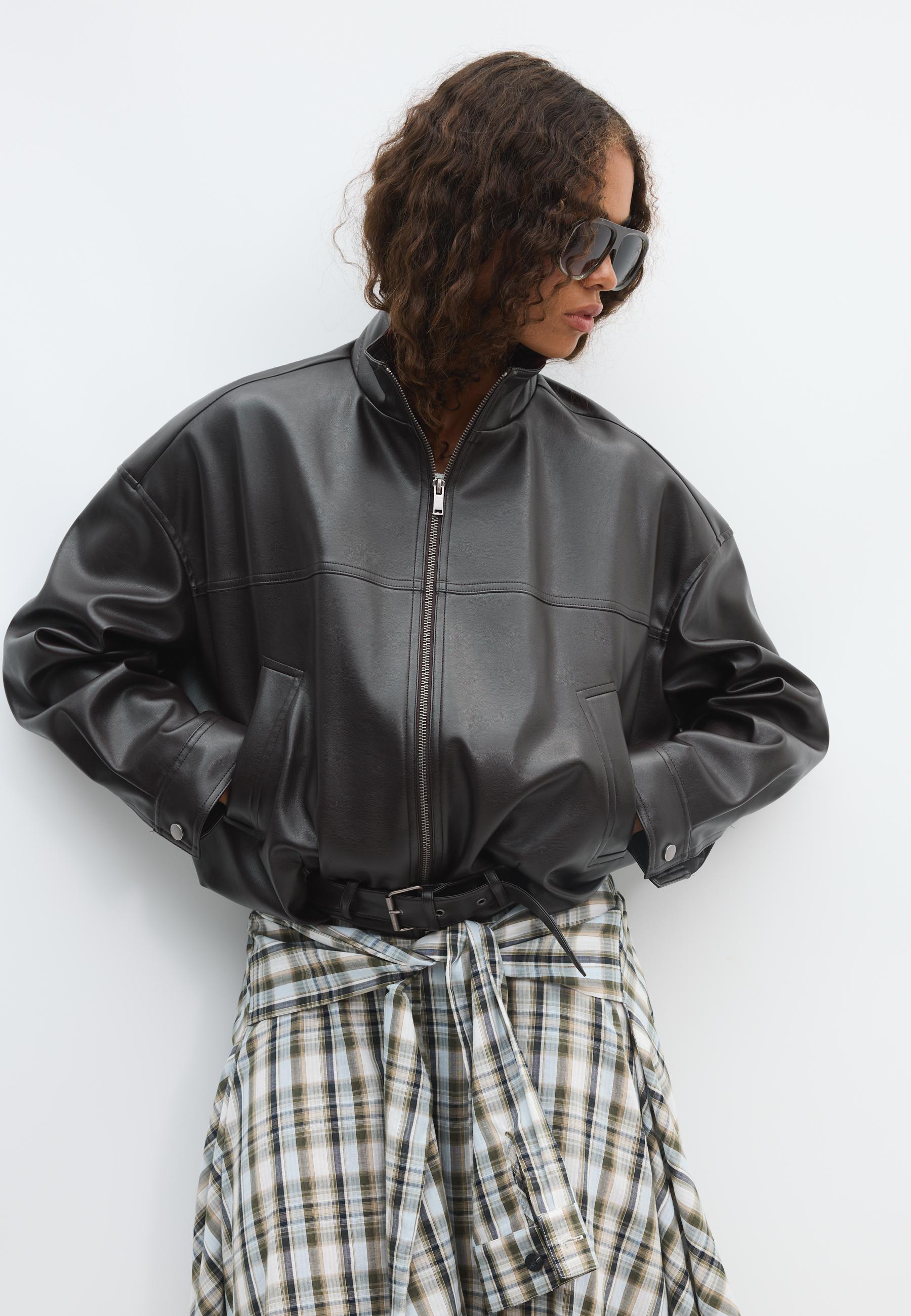 Leather effect belted bomber jacket — Brown