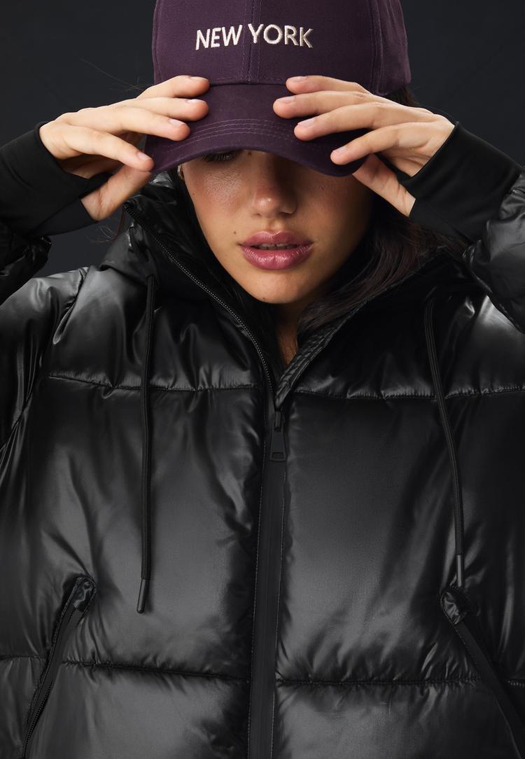 metallic hooded puffer jacket