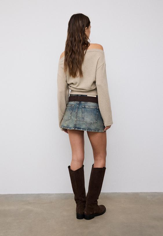 Stradivarius Boat Neck Knit T-Shirt With Sash Belt Stone Xs