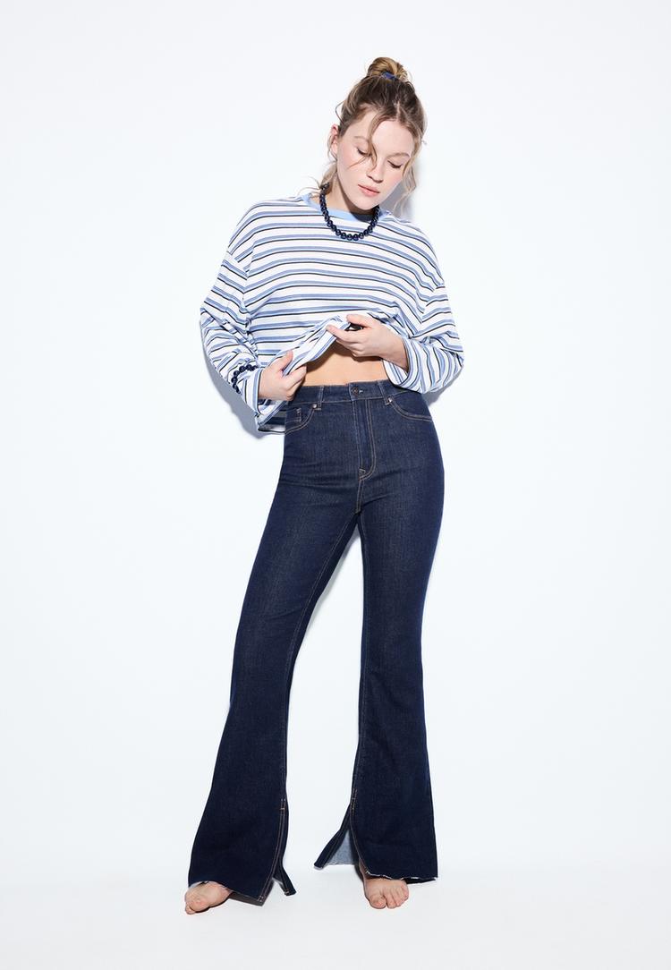 Stradivarius D74 Blugi Evazați Cu Șliț Efect Prespălat Denim Descleiat 42