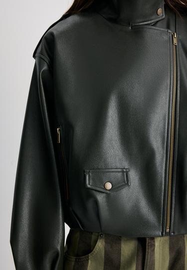 Leather effect balloon biker jacket — Green 4