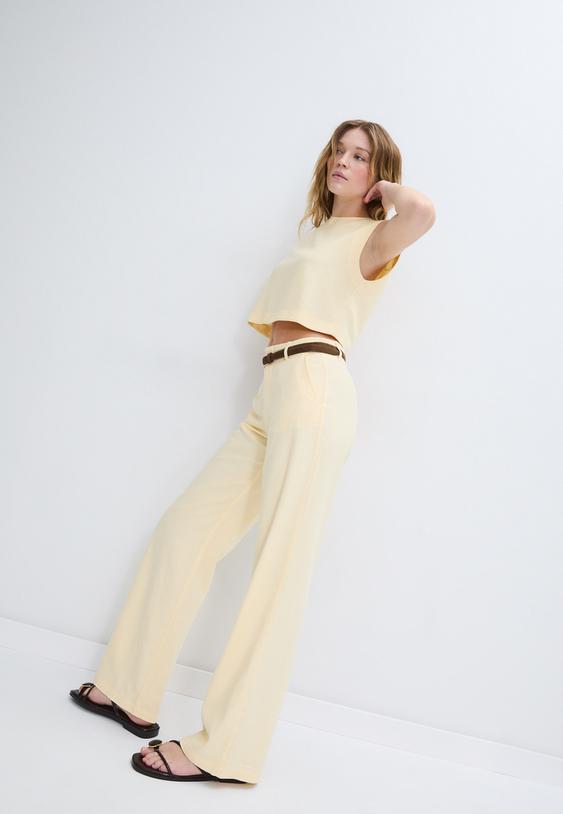 calcas retas efeito linho com cinto