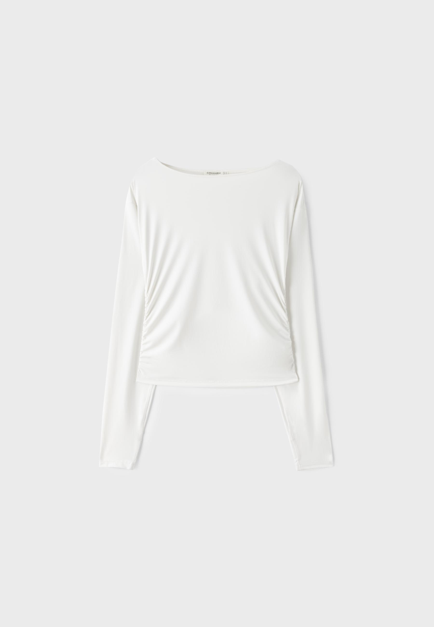 Long sleeve gathered polyamide T-shirt — Ecru
