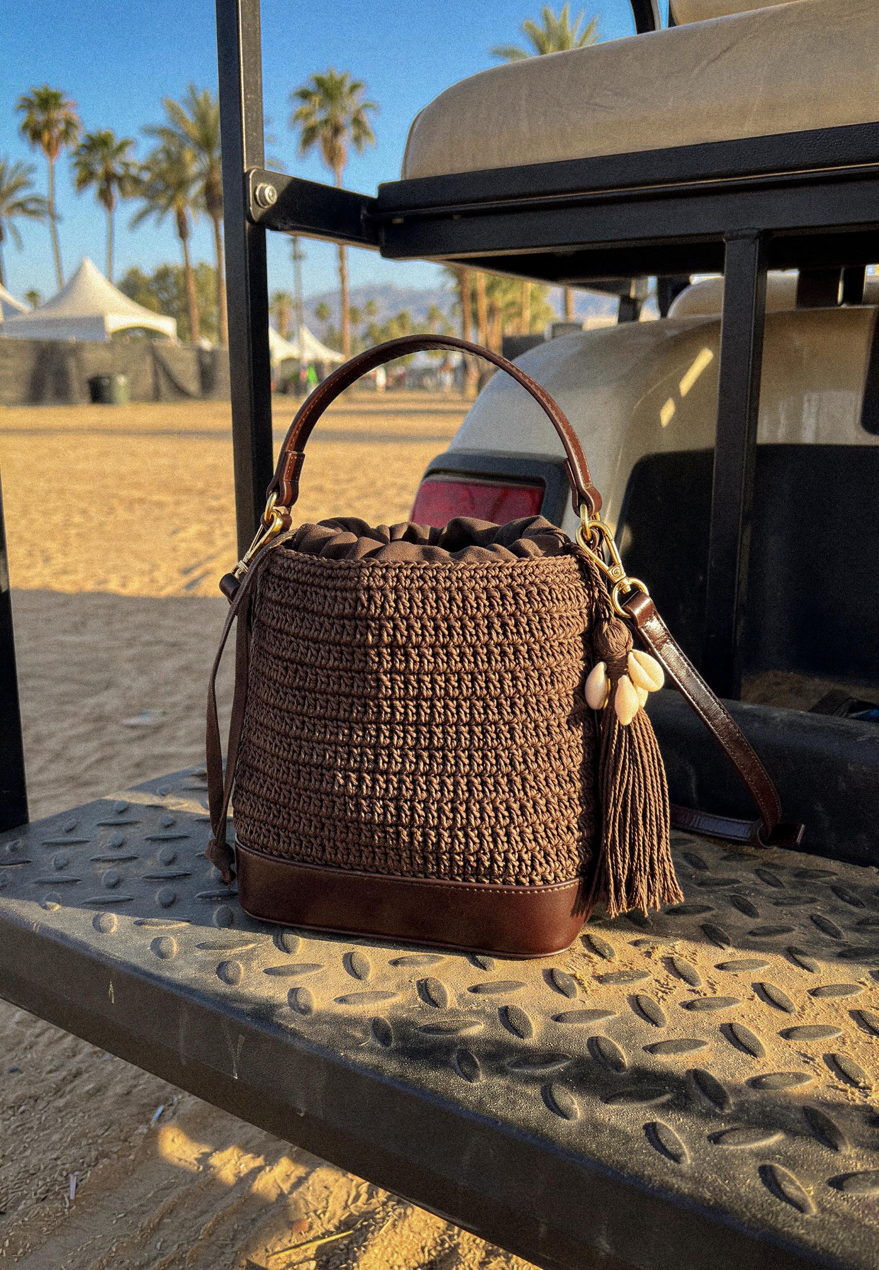 Combined crochet bucket bag — Brown