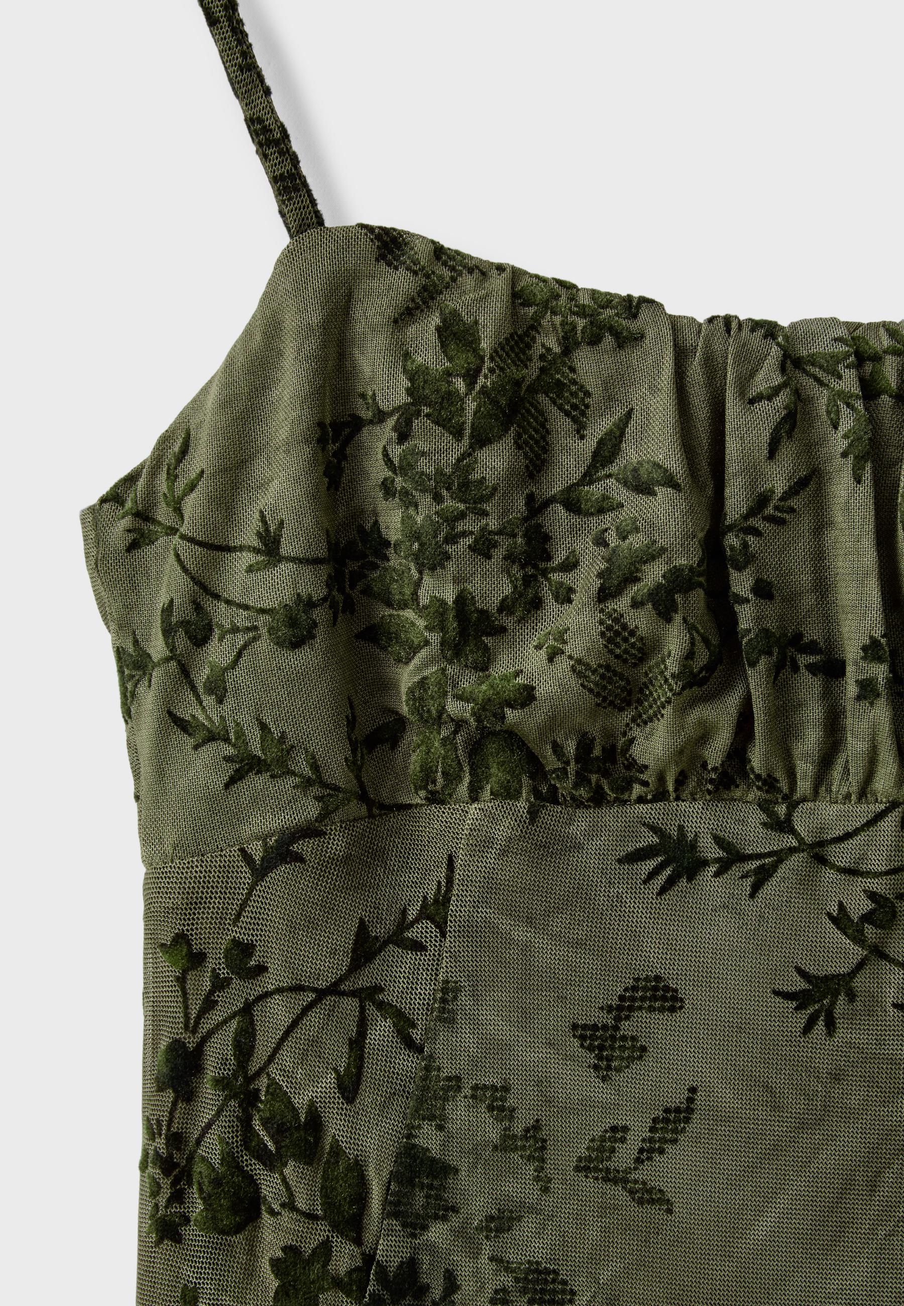 Flocked midi strap dress — Khaki
