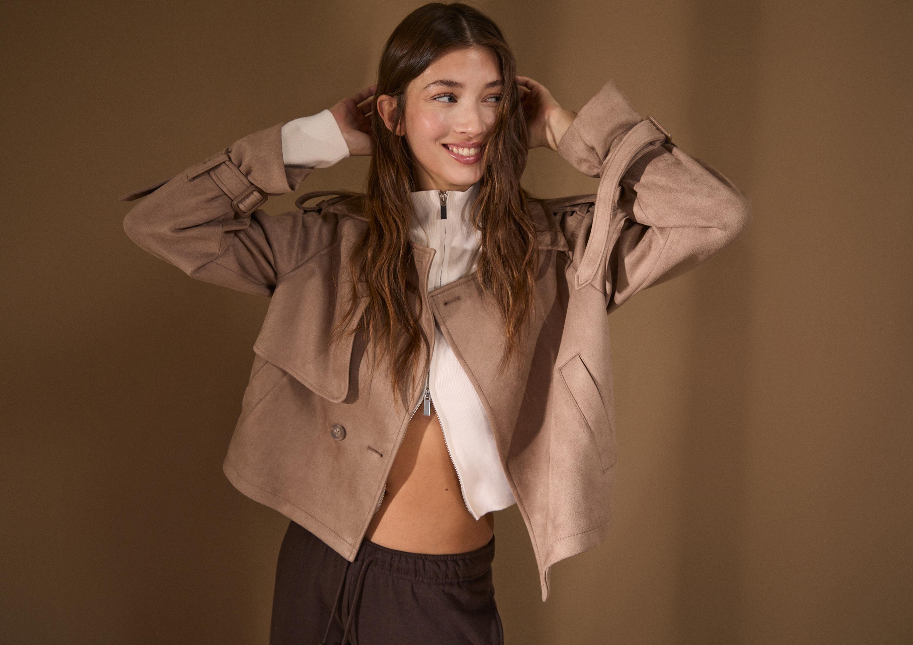Short faux suede trench coat — Caramel