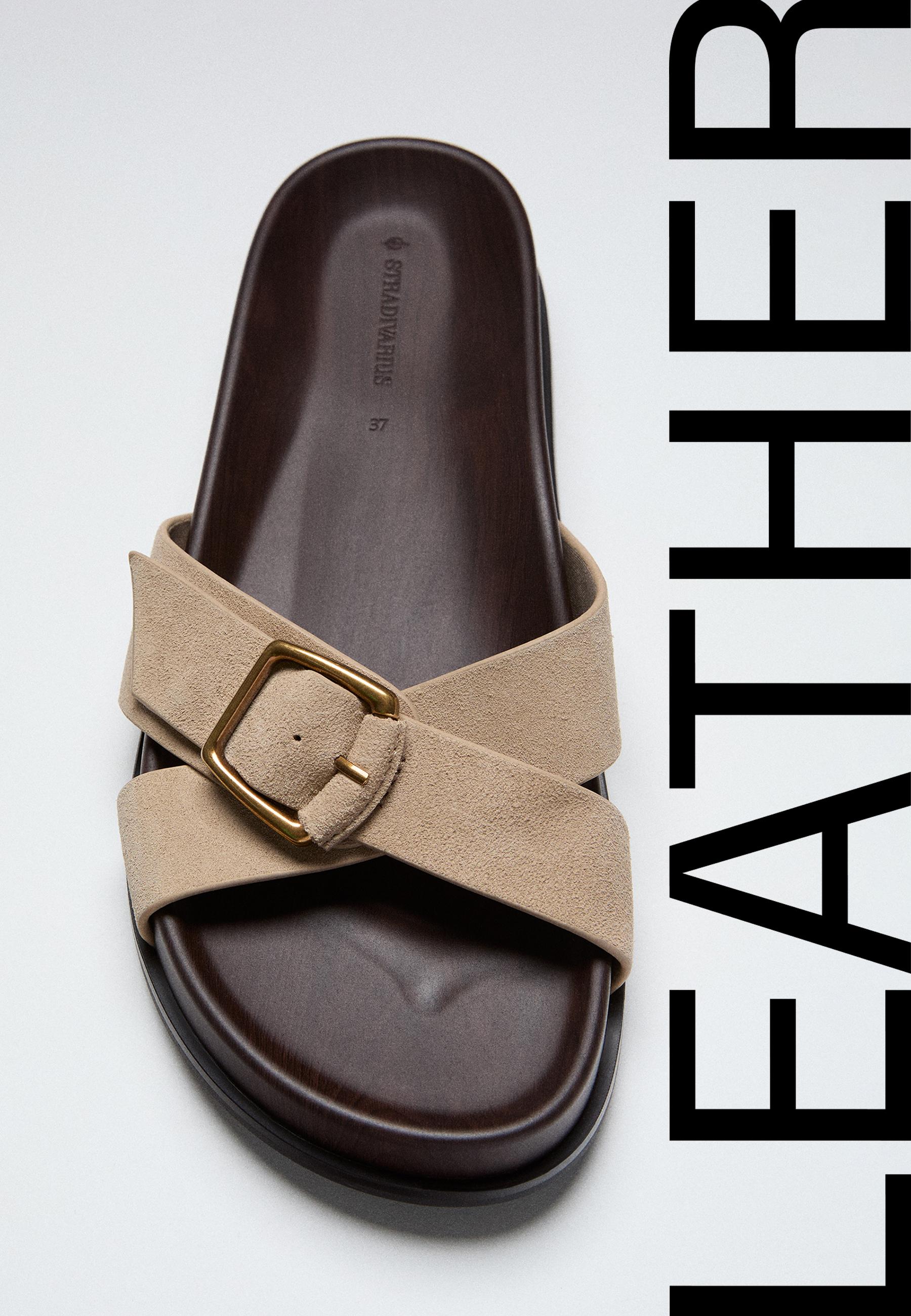 Flat crossed leather sandals — BEIGE