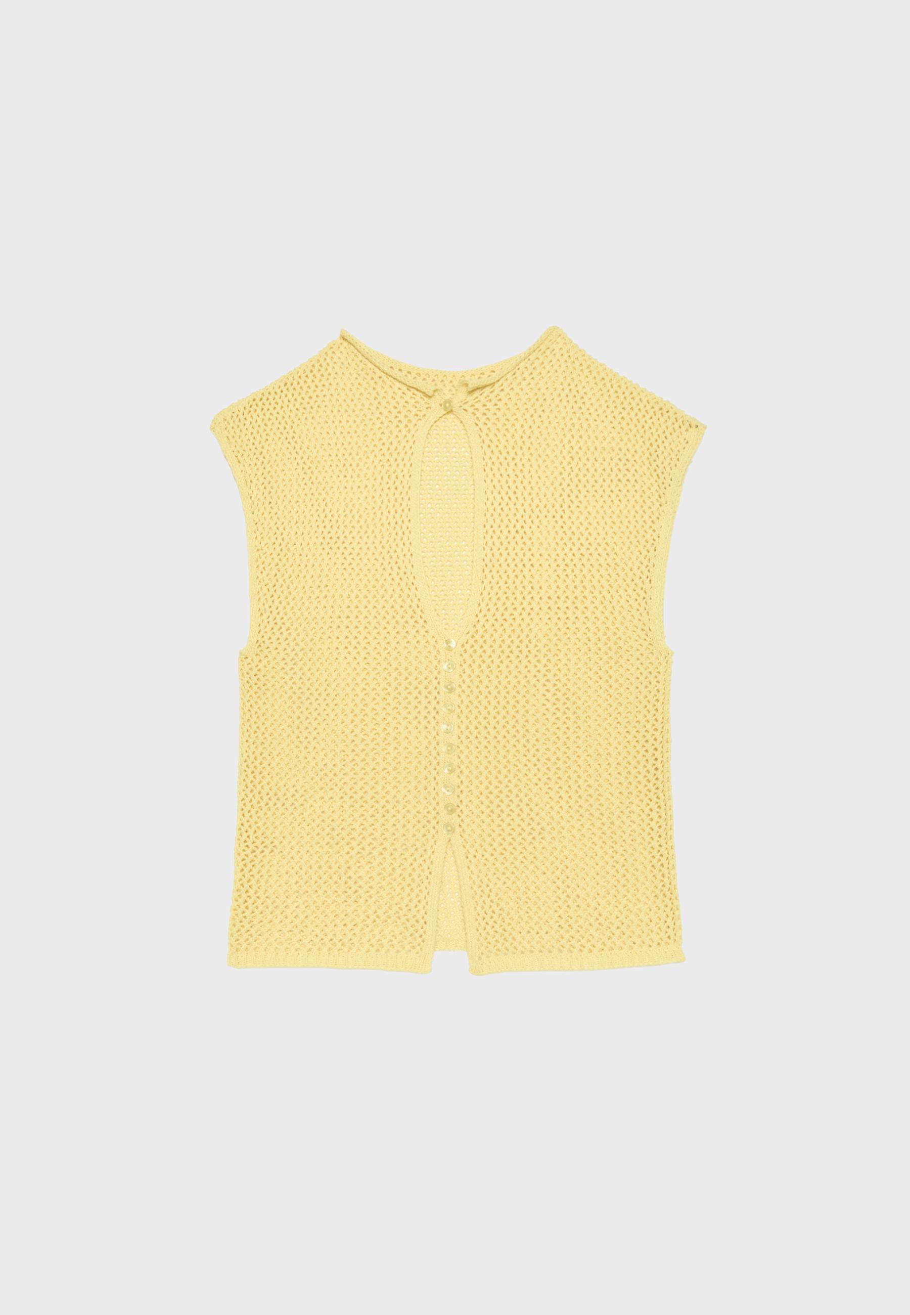 Cutwork split-neck knit top — Pastel yellow