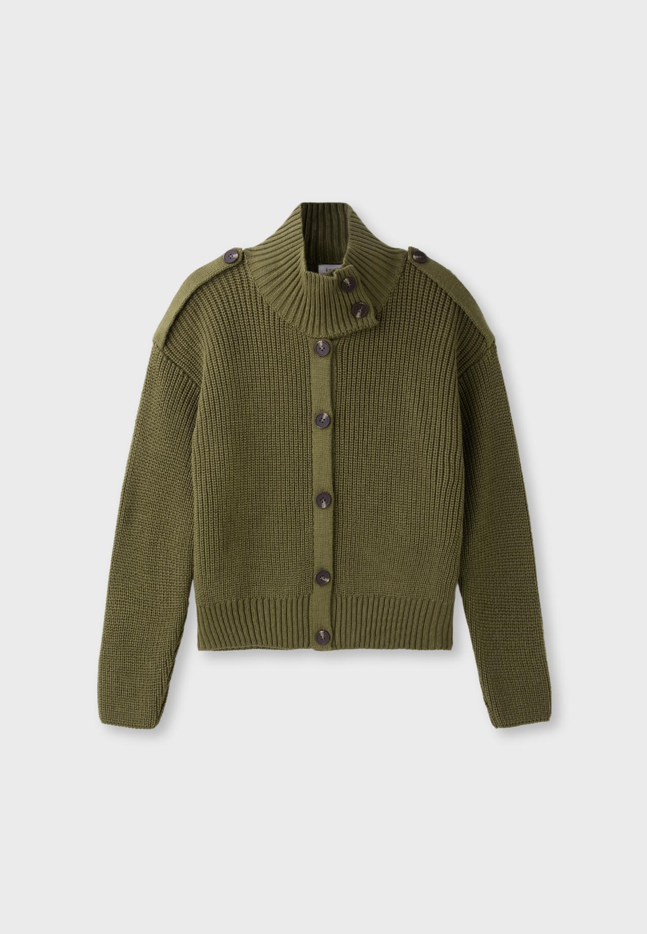 High neck button-up knit cardigan — Khaki