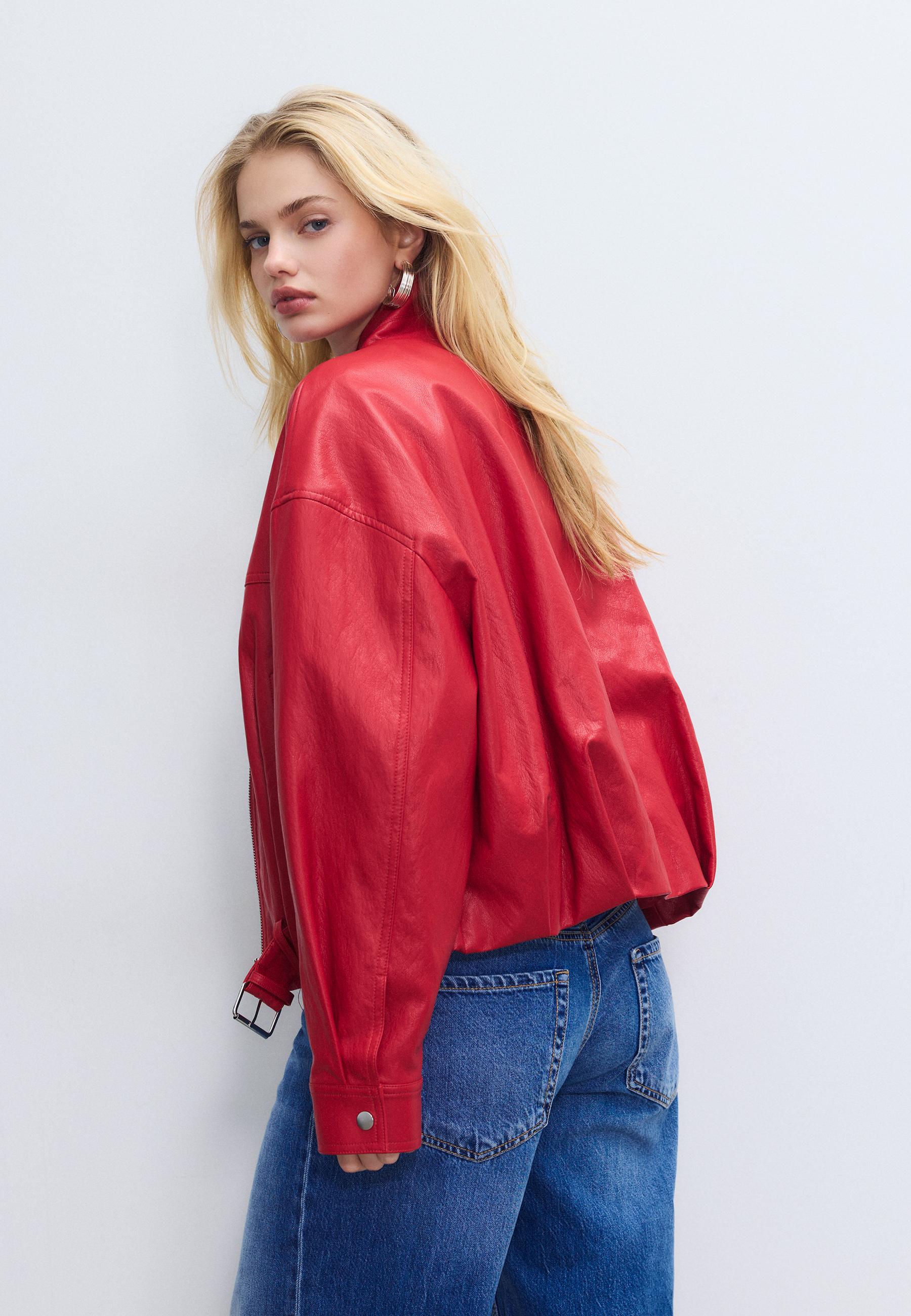 Leather effect balloon jacket with belt detail — Red