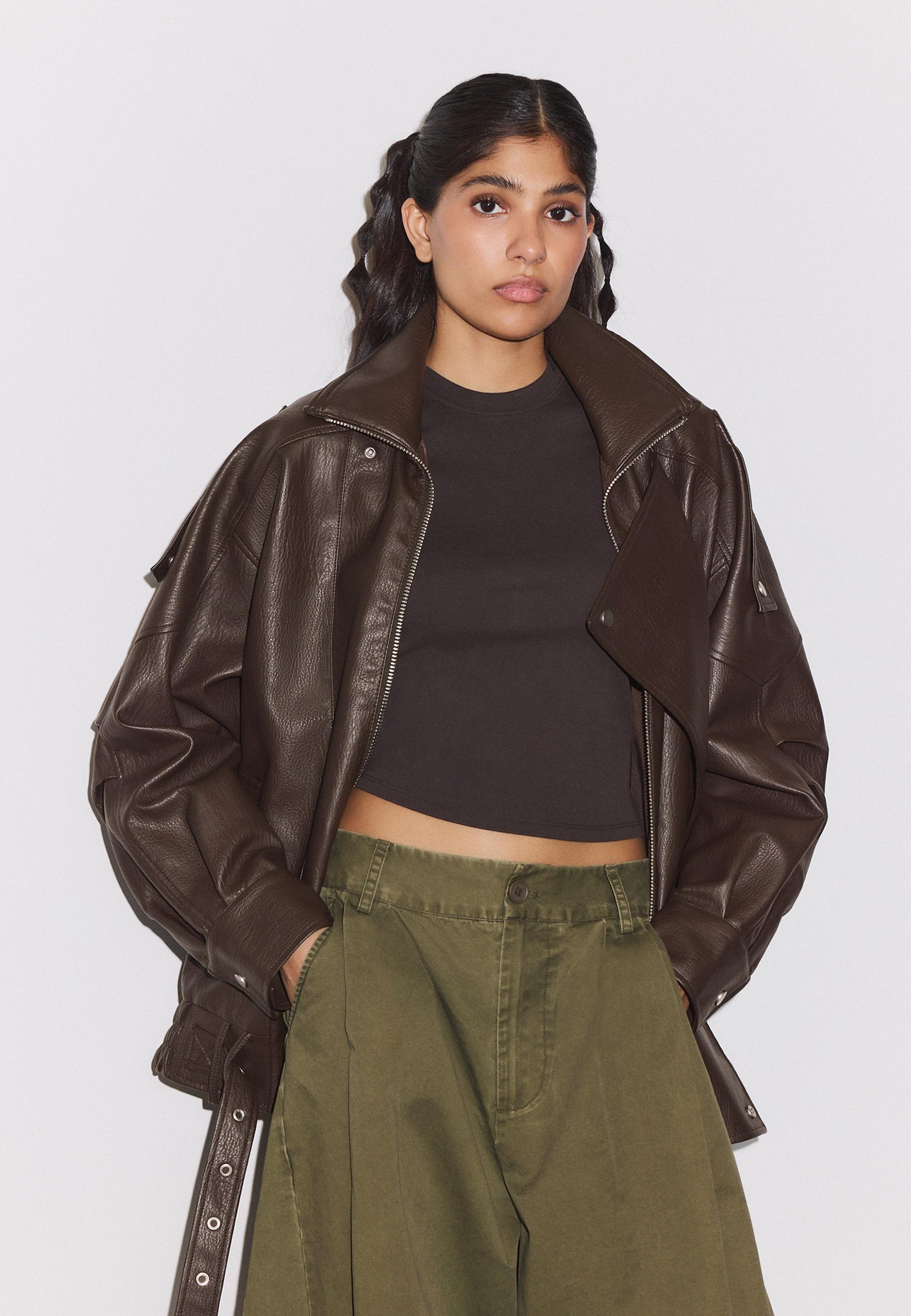 Oversize leather effect lapel jacket — Brown