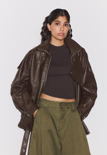Oversize leather effect jacket with flap — Brown 3