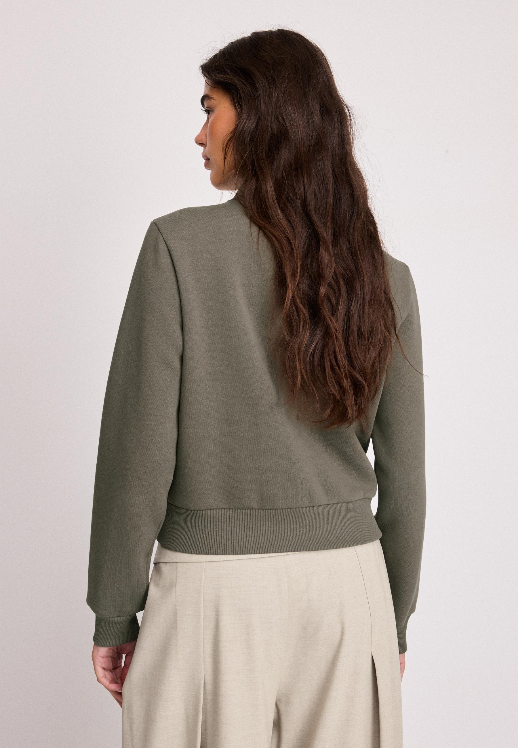 Metal Button Zip-Up Sweatshirt — Khaki