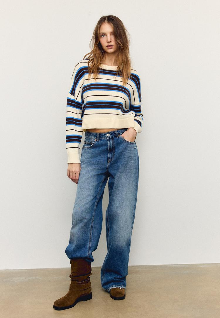 Gestreifter Cropped-Strickpullover Braun M