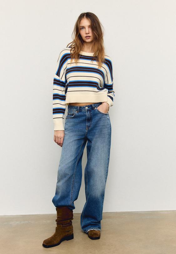 Stradivarius Striped Knit Crop Jumper Brown Xs