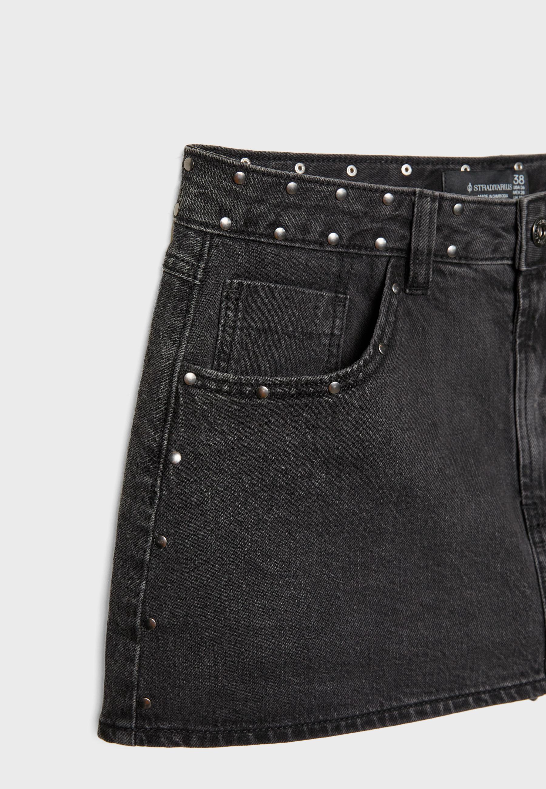 D62 studded denim skort — BLACK DENIM WASHED EFFECT