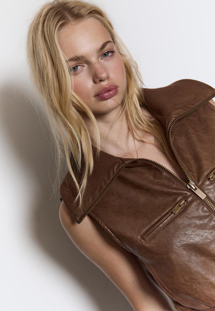 gilet similicuir combine maille cotelee