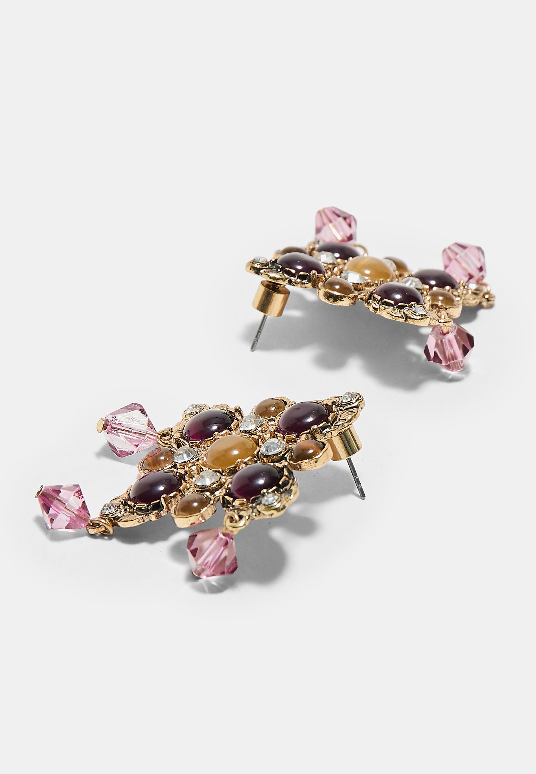 Jewelled cross earrings — Gold