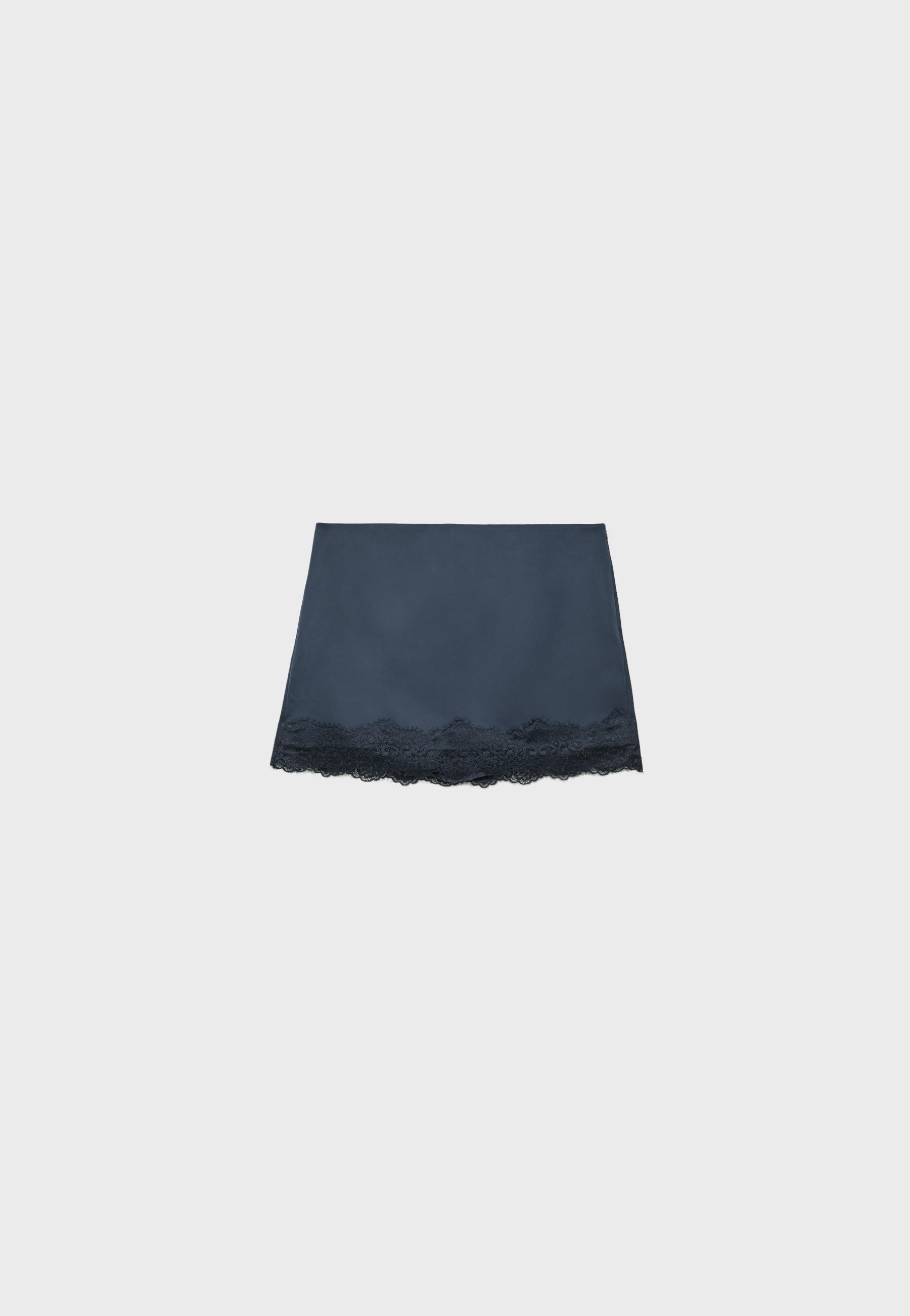Sateen mini skirt with lace trim — Dark blue