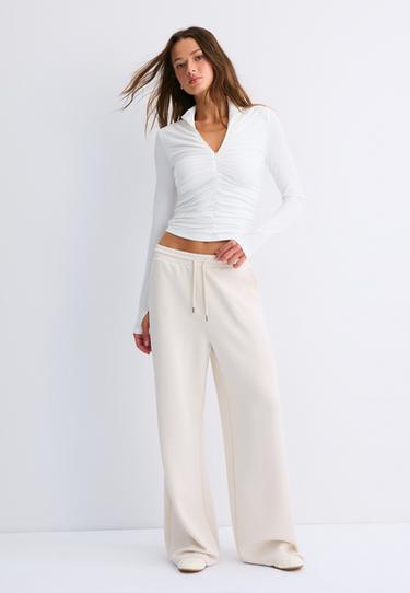Soft-touch palazzo jogger trousers — Stone 2