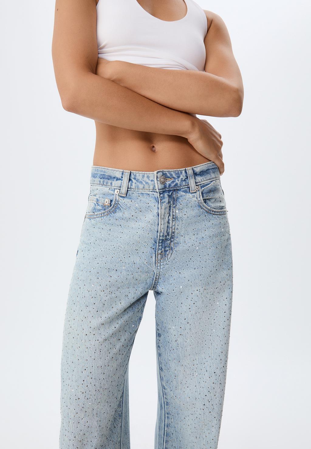 Parlak taşlı straight fit jean