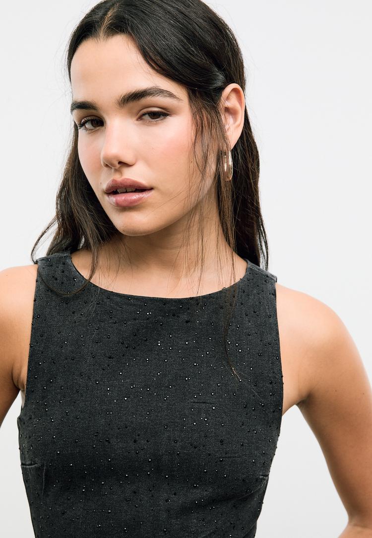 vestido curto ganga com brilho