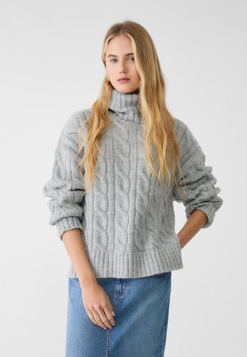 Turtleneck sweater in cable-knit fabric