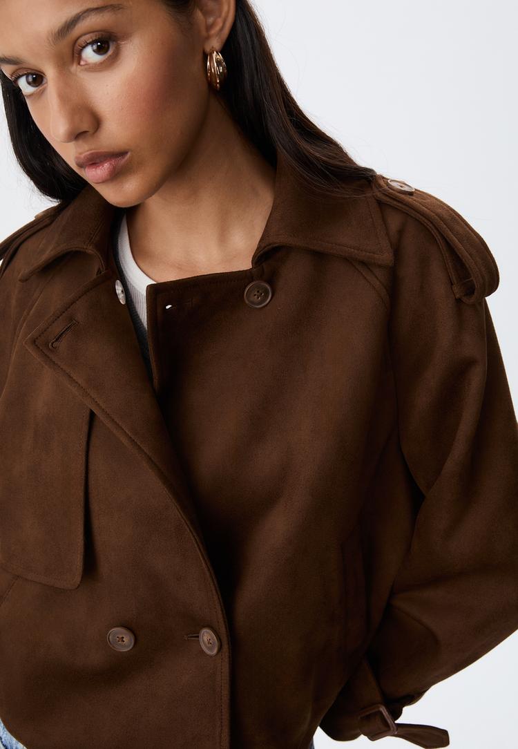 short faux suede trench coat