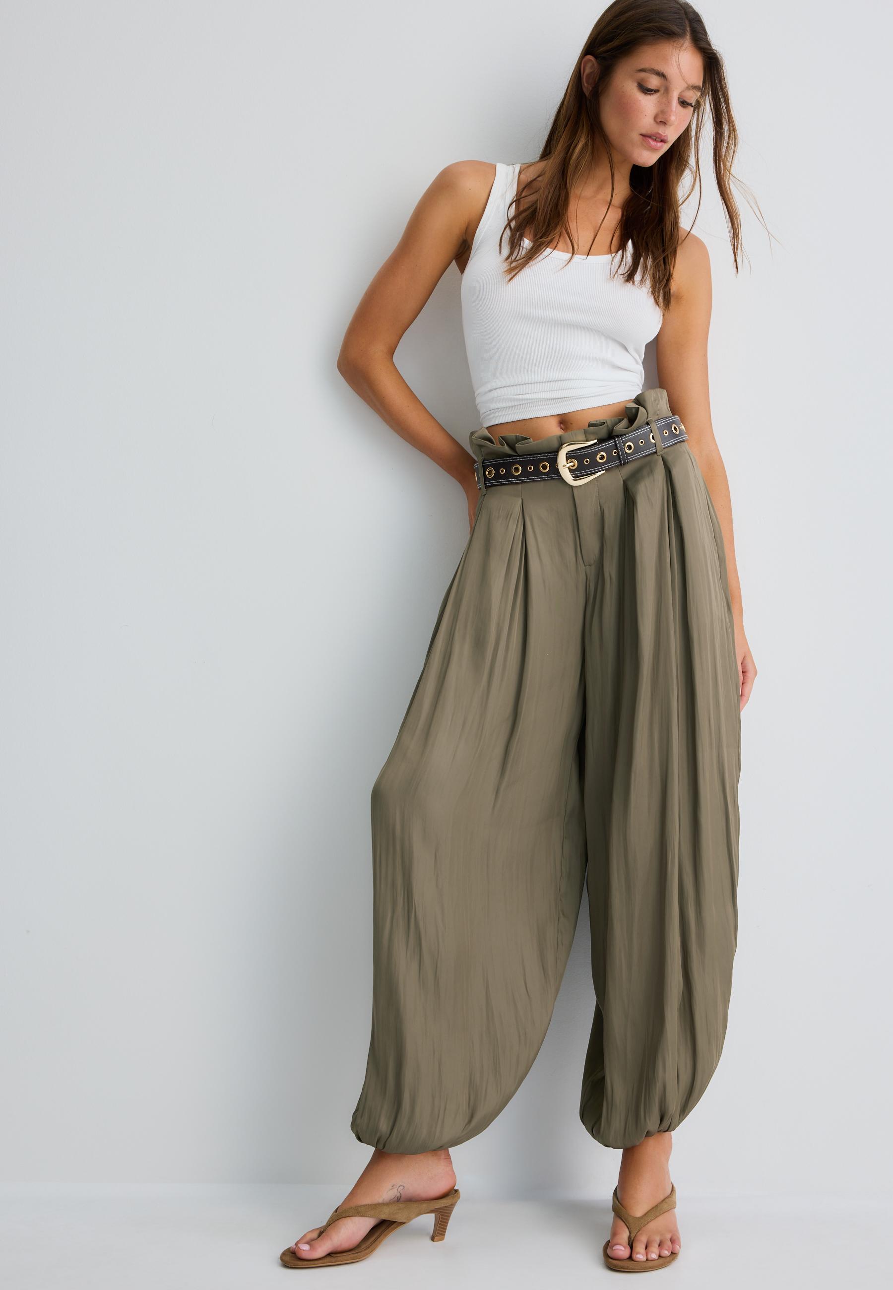 Satin sarouel trousers with belt — Brown