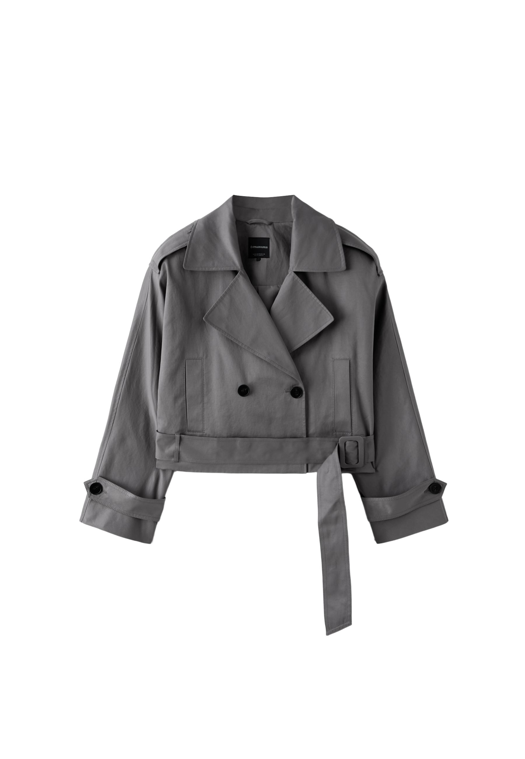 Short trench coat with padded shoulders — Grey
