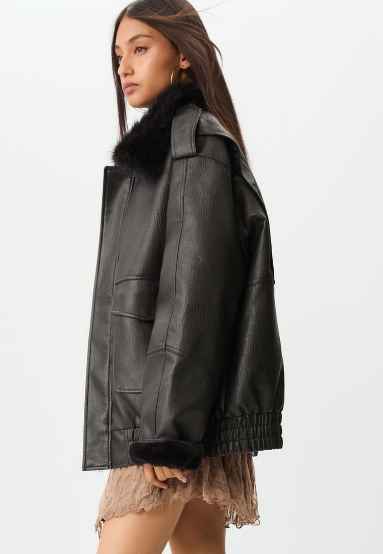 contrast leather effect jacket