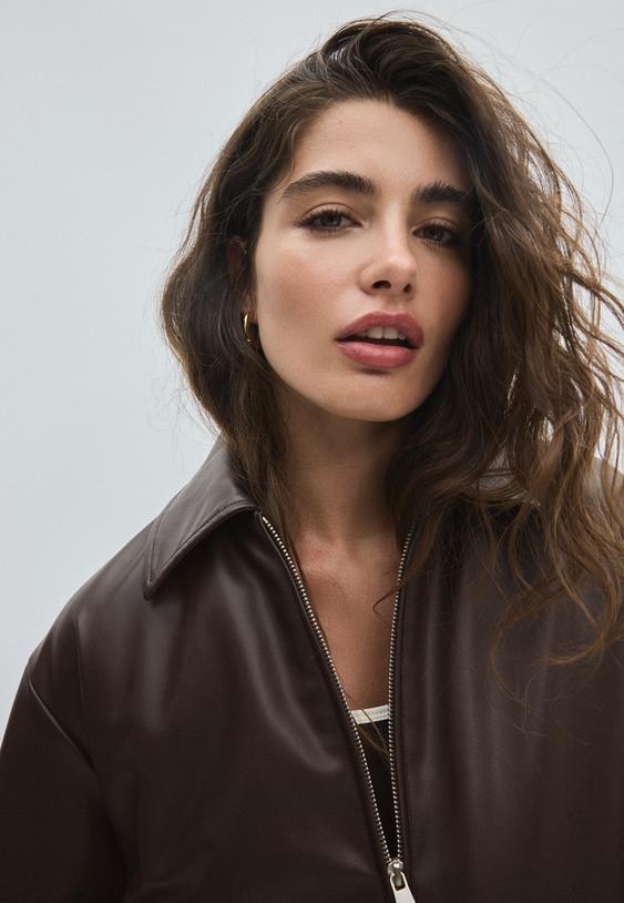 Stradivarius Quilted Faux Leather Bomber Jacket Brown M