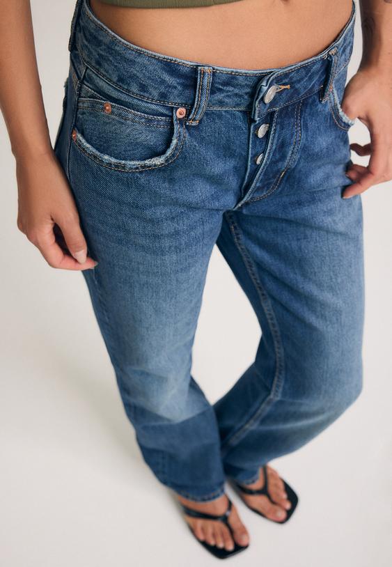 Stradivarius Button-Up Straight Slim Fit Jeans Medium Denim Wash 4