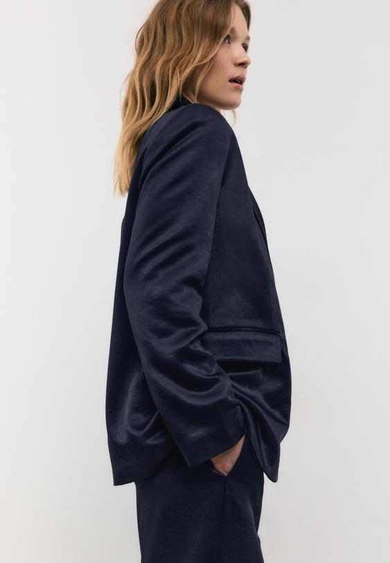 Stradivarius Satin Blazer Dark Blue M