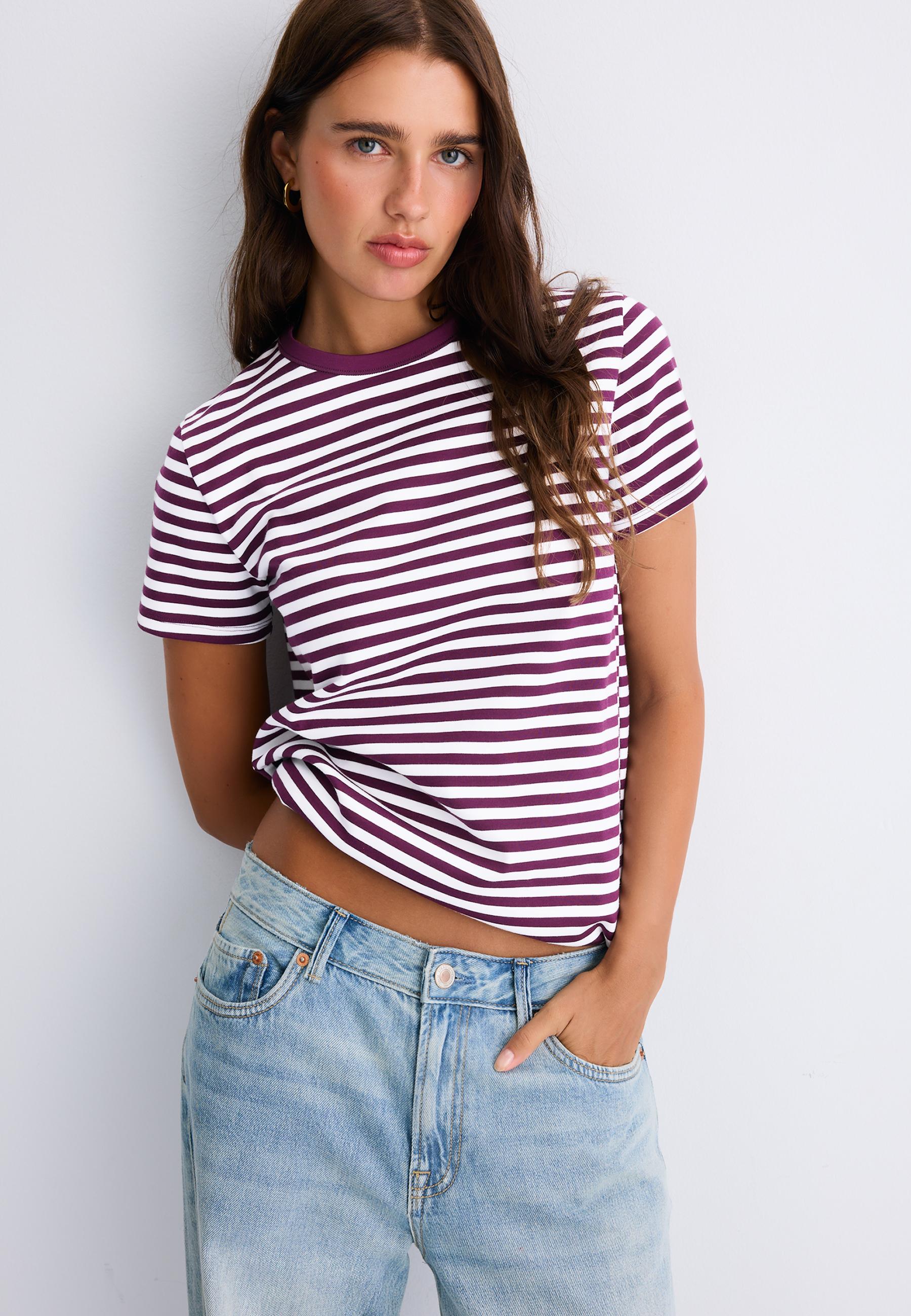 B02 Basic striped regular fit soft-touch T-shirt — Dark purple