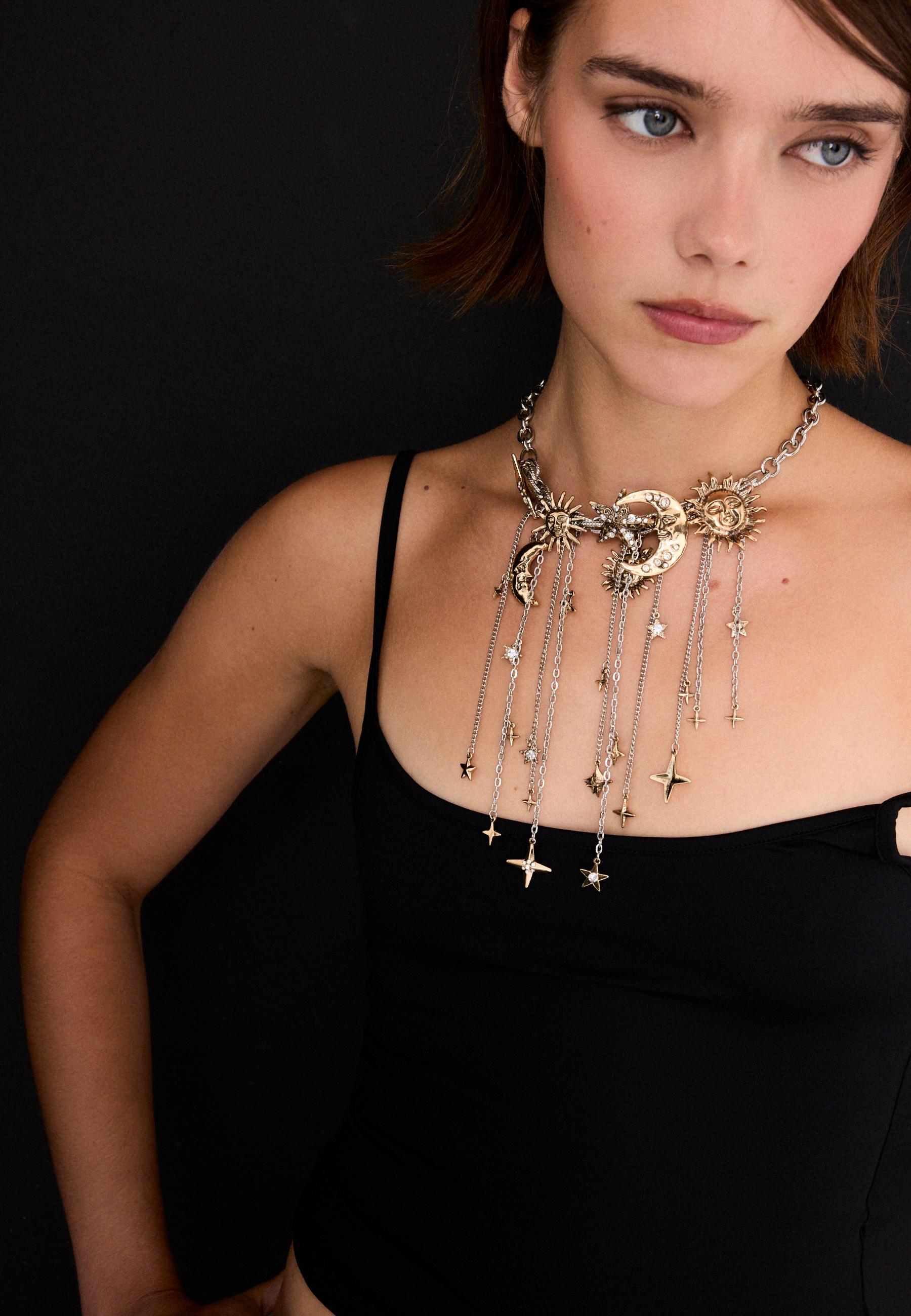 Moon and star multi-charm necklace — Grey