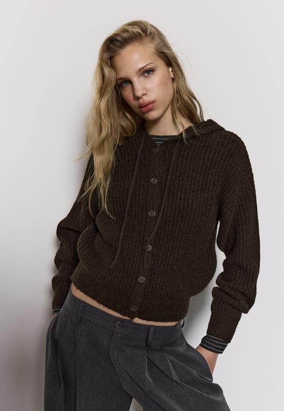 button up knit cardigan with hood