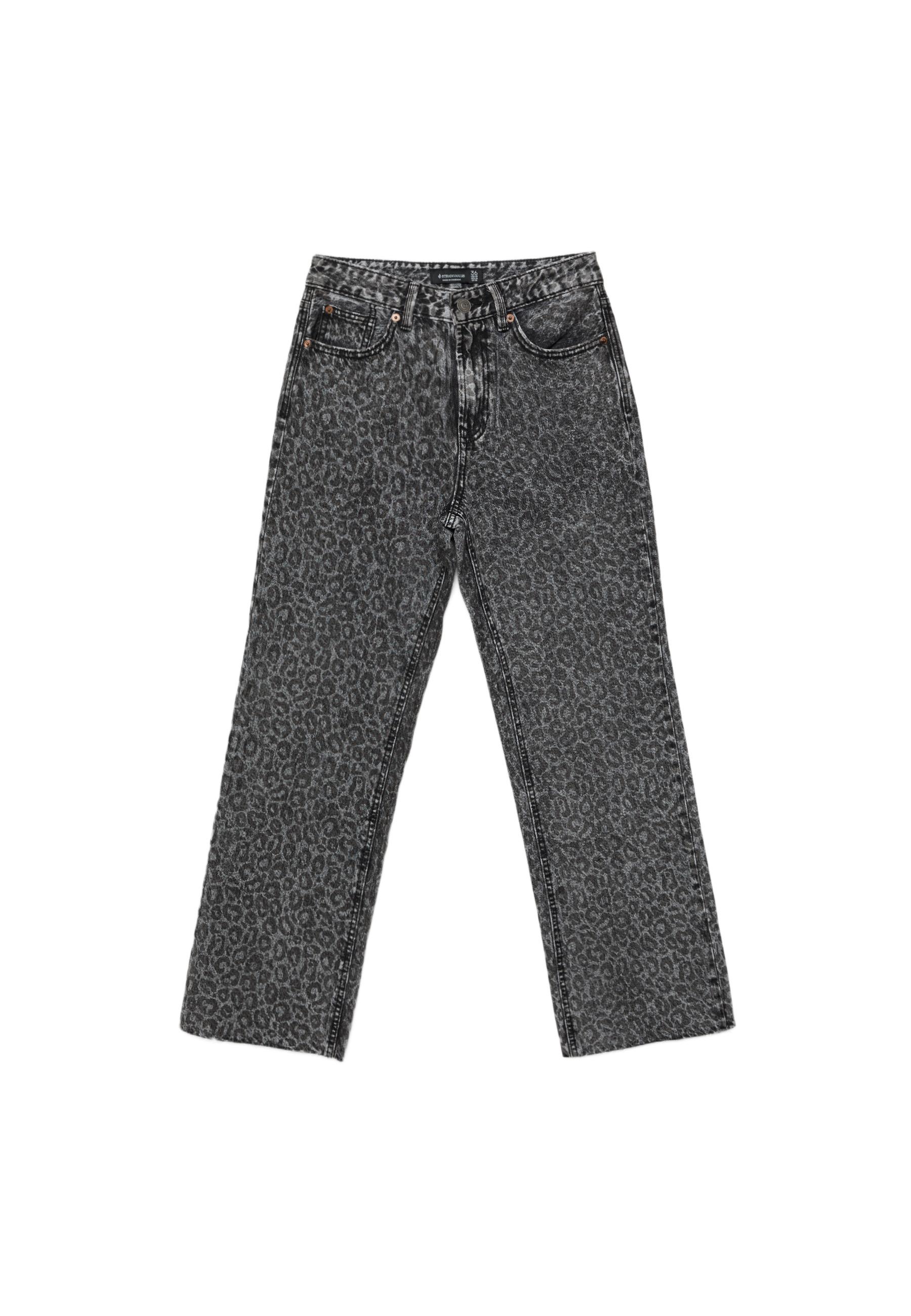 Straight wide-leg leopard print jeans — BLACK DENIM WASHED EFFECT