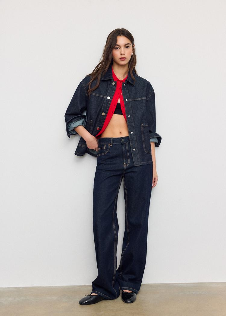 Stradivarius Denim Τζάκετ Με Τσέπες Σκούρο Μπλε S