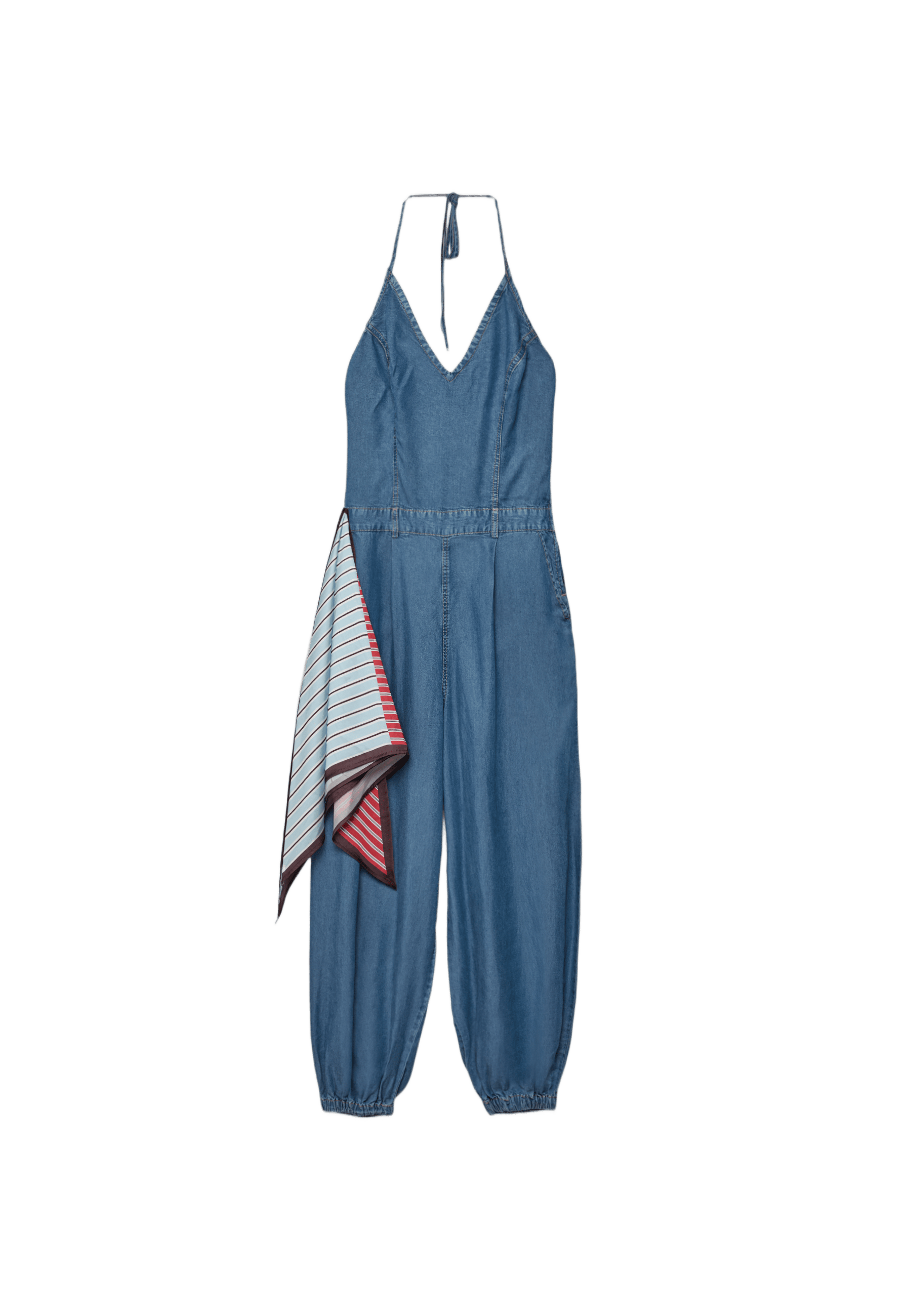 Halter denim jumpsuit with scarf — MEDIUM LIGHT BLUE DENIM