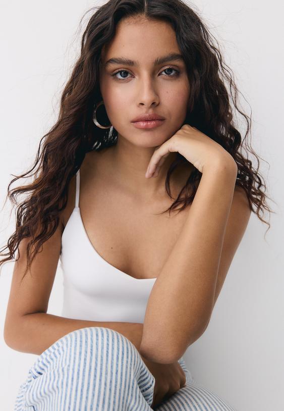 Stradivarius Strappy V-Neck Bodysuit Ecru Xl