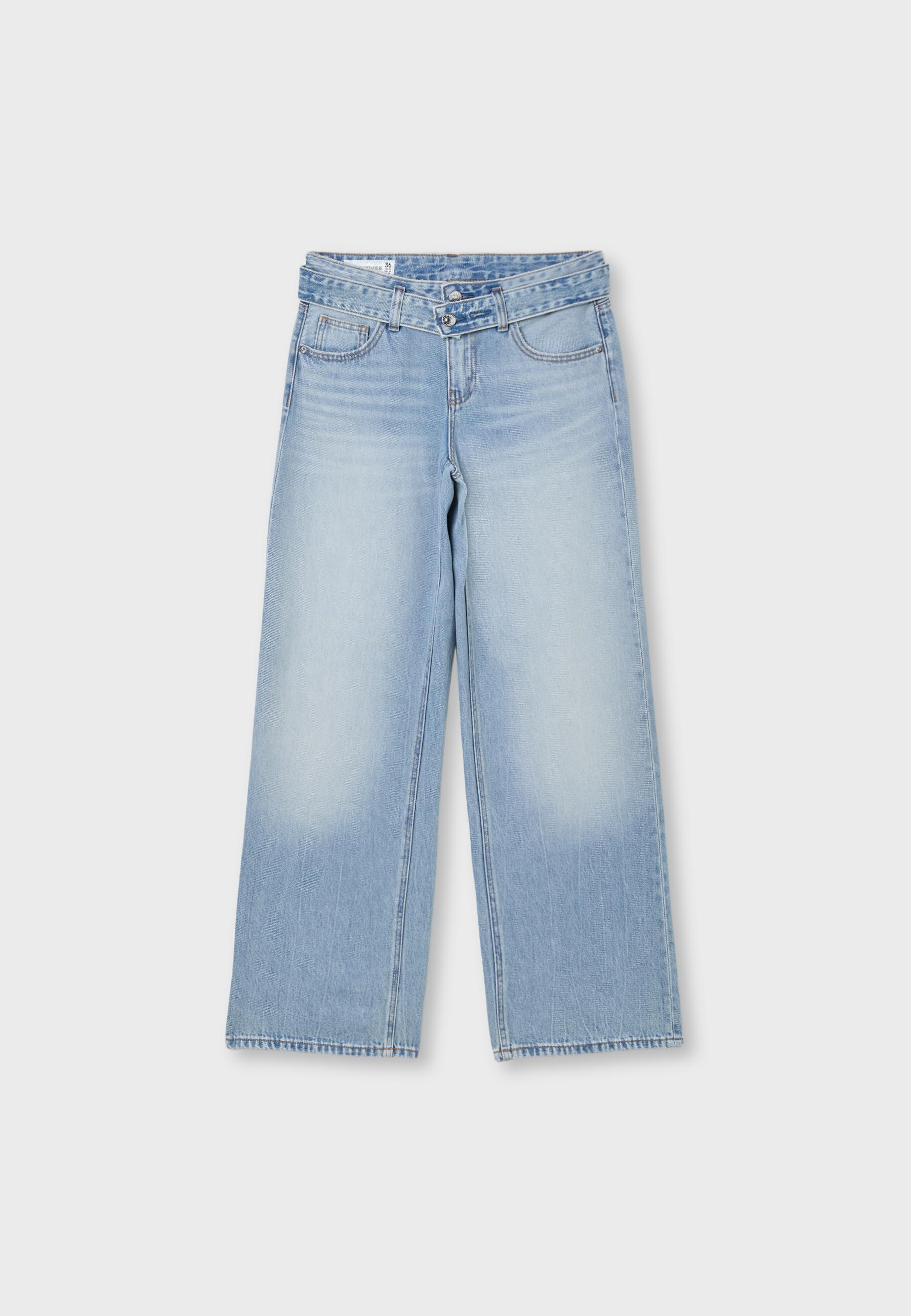 Double-waist wide-leg jeans — MEDIUM LIGHT BLUE DENIM