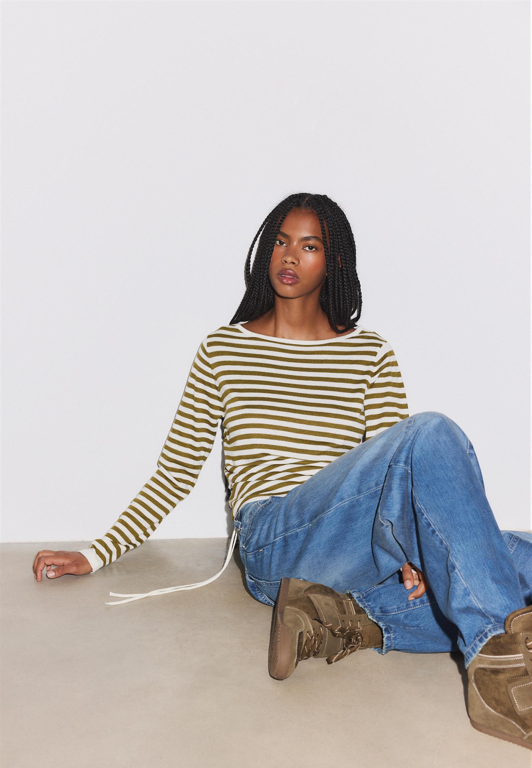 Striped jumper with side ruching — Khaki